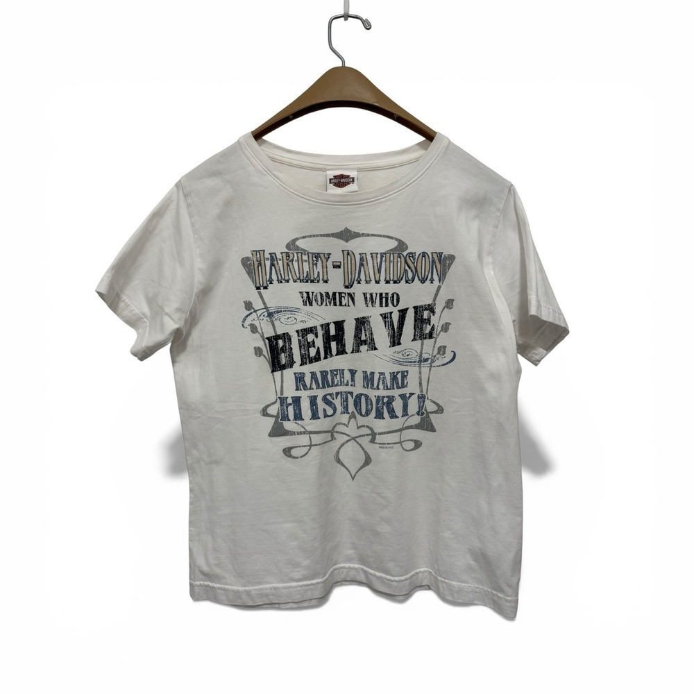 Harley-Davidson Graphic T-Shirt Women Large White Good Rarely Make History Biker - Picture 1 of 9